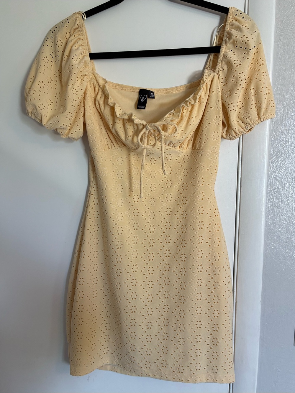 Butter Yellow Babydoll Eyelet Puff Sleeve Mini Dress Coquette
